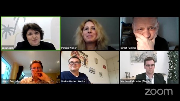 Ellen Stock (oben von links), Pamela Wicker, Detlef Huebner sowie (unten von links) Jürgen Berghahn, Markus Herbert Weske und Lages Bürgermeister Matthias Kalkreuter diskutieren digital über Probleme und Chancen der Vereine. - © Nicole Ellerbrake