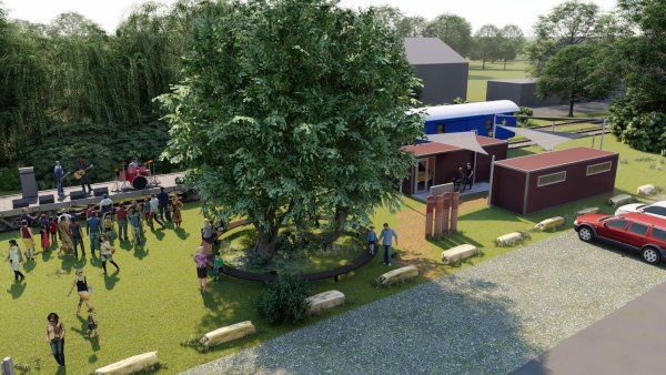 So wie in dieser Visualisierung gezeigt, könnte das Kulturstellwerk Nordlippe auf dem Gelände an der Bahnmeisterei Farmbeck aussehen – mit Musik, Containern als Büro, WC sowie dem Europawaggon als Ort für kleinere Veranstaltungen auch auf der Strecke, der die Menschen und die Kulturorte zusammenbringt. - © Büro für Soziale Architektur/Albers-Architekten
