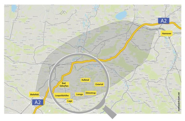 Das ist der Suchraum für die neue ICE-Trasse von Bielefeld nach Hannover. Wie zu sehen, liegen Bad Salzuflen, Leopoldshöhe, Lage, Lemgo, Kalletal, Dörentrup und Extertal in dem Gebiet, das auf geeignete Streckenführungen untersucht wird. - © Mediawerkstatt/DB Netz AG