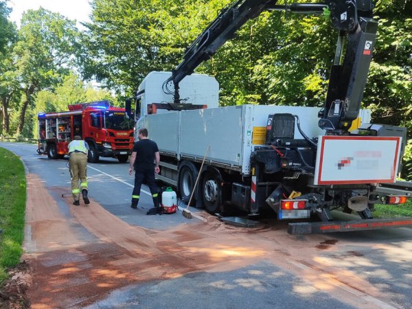 Die Feuerwehr und ein Spezialunternehmen mussten auf mehreren hundert Metern Hydrauliköl binden und von der Fahrbahn entfernen. - © Feuerwehr Dörentrup