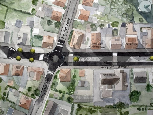Zwischen Feldstraße und Georgstraße sollen Kreisverkehre und Parkbuchten in der Mitte der Straße entstehen. - © Grafik: Stadt Detmold/Laureen Dawid