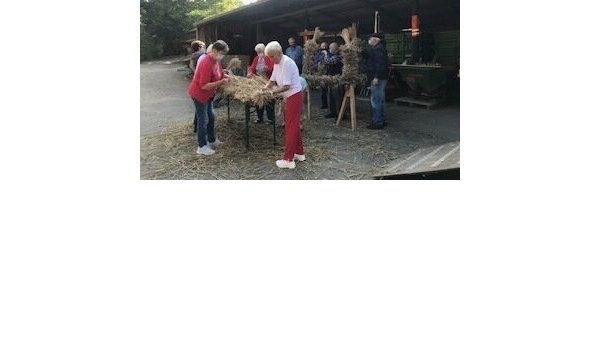 Die Heimatfreunde beim Binden der Erntekrone. - © Heimatfreunde Wüsten