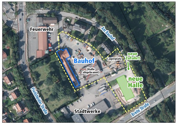 Die neue Halle für den Bauhof ist fertig. Die Zufahrt erfolgt über die Straße „Am Bauhof“. - © Land NRW (2019) / Grafik: Oliver Wendtland