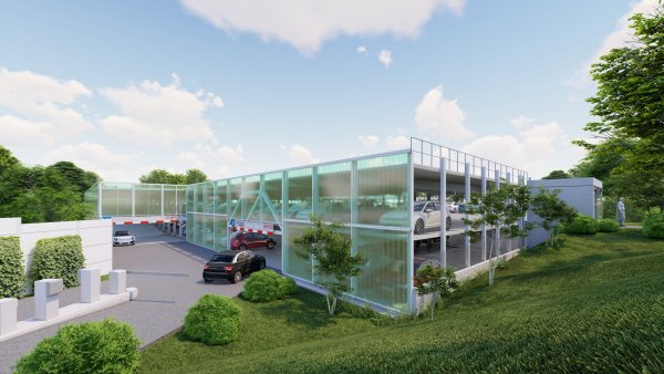 So soll das neue Parkdeck an der Exterschen Straße ab Frühjahr kommenden Jahres aussehen. Geplant sind zwei Decks mit einem Dach (unter anderem aus Lärmschutzgründen). Weiterer Lärmschutz entsteht zum Forsthausweg (Klinik Flachsheide) und Richtung Wohnmobilstellplatz, der sich hinter dem Parkdeck befindet. Hier gibt es auch einen Sichtschutz. - © Firma Goldbeck