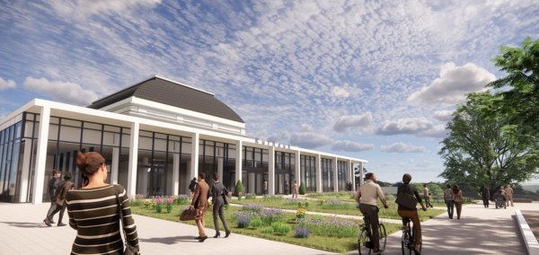 Der Entwurf für das neue Kurhaus sieht große Fensterflächen (hier mit dem neuen Haupteingang aus Richtung Roter Platz) vor. Im Hintergrund ist das signifikante Dach des Galasaals zu erkennen, der als einziger Gebäudeteil stehen bleiben soll. - © Eggersmann-Gruppe