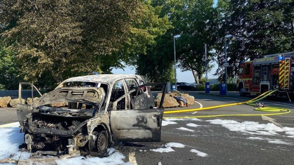 Der Renault ist vor der Schranke zum Parkplatz am Hermannsdenkmal völlig ausgebrannt. Die mächtige Heinbuche dahinter ist so stark beschädigt, dass sie gefällt werden muss, sagt Förster Stephan Radeck. - © Feuerwehr Detmold