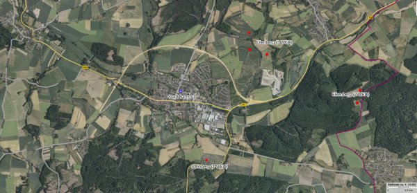 Die Stadtwerke Lemgo wollen auf Barntruper Gebiet neben den drei Windrädern auf dem Eilenberg und zwei Anlagen am Elkenberg und eine am Steinberg errichten. - © Stadtwerke Lemgo, Kartengrundlage: www.tim-online.nrw.de/tim-online2