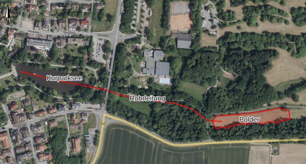 Im Silvaticum soll ein Polder angelegt werden, in den durch eine 550 Meter lange Rohrleitung etwa 6300 Kubikmeter Schlamm-Wasser-Gemisch aus dem Kurparksee gepumpt werden können. - © TIM-Online/Bezirksregierung Köln Geobasis NRW
