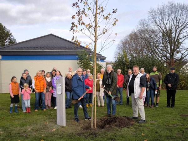 Der symbolische Pflanzakt mit (von links) Willi Schirrmacher, Ralf Klemme und Manfred Stoller: Der Baum in Silixen soll Mahnung sein, die Demokratie zu bewahren. - © Dorfgemeinschaft Silixen