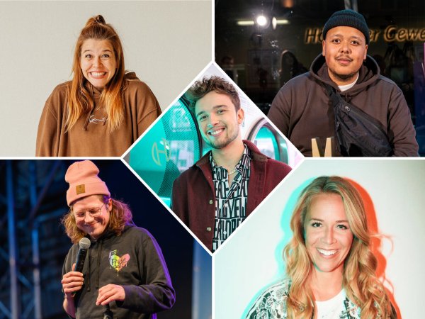 Das Line-Up für Nightwash am Hermanns-Denkmal: Laura Brümmer (oben links), Assane Badiane (oben rechts), Ben Schafmeister (Mitte), Thomas Schmidt (unten links) und Sandra Sprünken (unten rechts). - © Carolin Pommert, Guido Schröder, André Symann, Marvin Ruppert