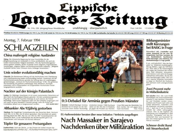 Die Titelseite der LZ vom 7. Februar 1994. Es ist eine Montagsausgabe - der Fußball dominiert. - © Lippische Landes-Zeitung
