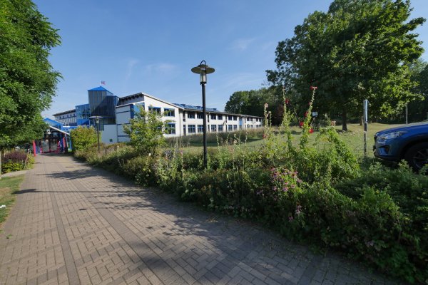 Dem Gymnasium in Horn fehlen Räume für G9. Sie sollen auf dem Grünstreifen zwischen dem jetzigen Schulgebäude und dem Parkplatz angebaut werden. - © Jost Wolf