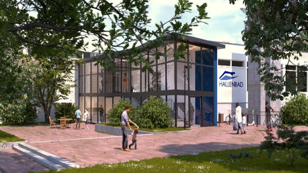 Die Planer von Vision 12 würden den Eingang des Hallenbads komplett überbauen, um Raum zu gewinnen und die Badegäste vor dem Wetter zu schützen. - © Entwurf: Vision 12