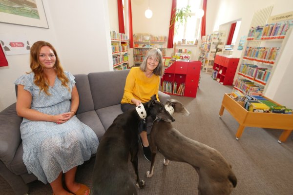 Die beiden Greyhound-Hunde werden Besucher der Bücherei Horn nicht mehr zu Gesicht bekommen. Sie gehen gemeinsam mit Dörte Beck in den Ruhestand. Seit Mai ist Jasmin Ens (links) die neue Leiterin der Stadtbücherei Julie Hirschfeld. - © Jost Wolf