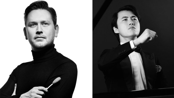 Dirigent Jonathan Bloxham und Pianist Haiou Zhang. - Bloxham (© Kaupo Kikkas)Haiou Zhang (© Reto Klar_Sören Lukas Schirmer).