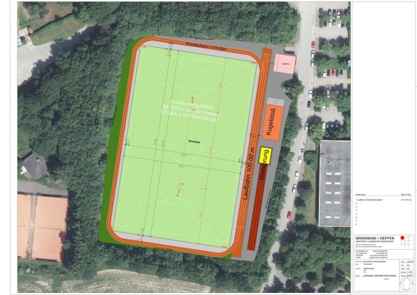 Der Plan für den neuen Kunstrasenplatz an der Sekundarschule Nordlippe sieht ein Spielfeld mit einem Belag aus Kork-/Sandgemisch vor, daneben eine Rundlaufbahn, eine Kugelstoß- und eine Weitsprunganlage. - © Entwurf: Brinkmann + Deppen