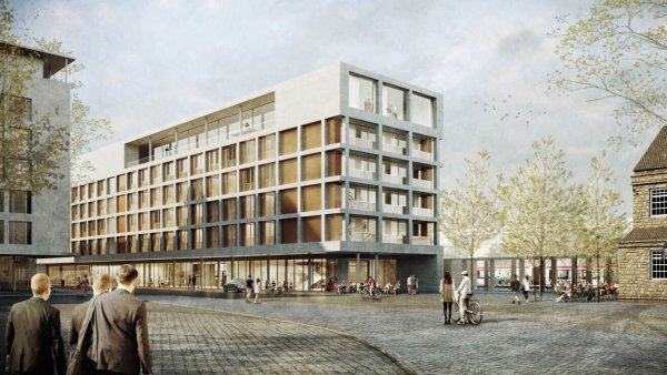 So sieht der Entwurf für das geplante Intercity-Hotel am Hauptbahnhof aus, das auf der Fläche der abgerissenen Ladenzeile gebaut werden soll. - © GBI