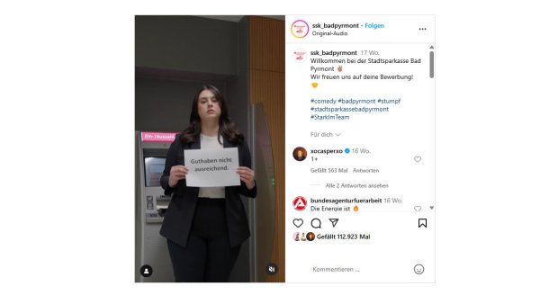 Banken und Humor: Zu einer gewissen Berühmtheit hat es ein Video der Stadtsparkasse Bad Pyrmont an der Grenze zu OWL gebracht. - © Screenshot: Instagram