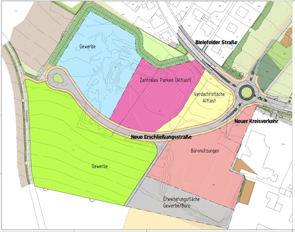 Das Areal an der Bielefelder Straße wird in verschiedene Flächen aufgeteilt: Gewerbe (Blau) mit 8350 Quadratmeter, Parken (Magenta) mit 6850 Quadratmetern, Büronutzungen (Rosa) mit 8700 Quadratmetern, Gewerbe (Grün) mit 15.850 Quadratmetern sowie einer optionalen Erweiterungsfläche von 4350 Quadratmetern (Grau) für Büro- oder Gewerbenutzungen. Hellgrün dargestellt ist eine kleine Zone von 1000 Quadratmetern, die privat veräußert werden kann, und Gelb zeigt eine mögliche Altlast-Zone vom früheren Betonwerk. Ebenfalls dargestellt ist der geplante Kreisverkehr an der Bielefelder Straße zur Erschließung des Areals. - © Sven Koch, Grafik: Stadt Detmold
