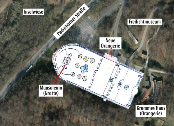Die Gartenanlage Friedrichstal zog sich einst vom Krummen Haus (Orangerie) über mehrere Terassen herunter ins Tal der Berlebecke - dort, wo heute die Paderborner Straße verläuft. - © Grafik: LZ-Archiv