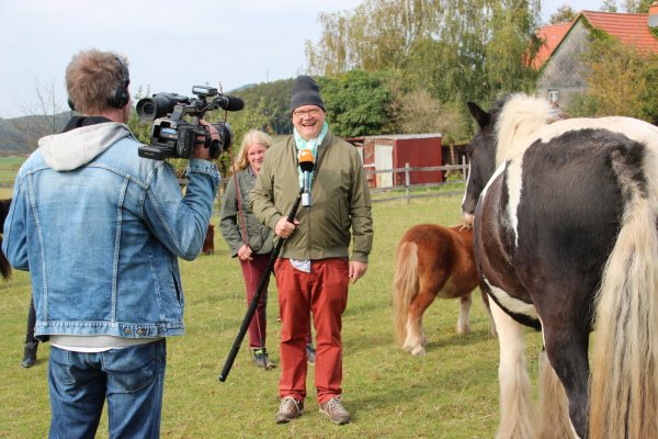 ZDF-Redakteur Achim Winter erklärt vor Kameramann Hans-Jürgen Schmitz die Feinheiten des Kutschentrainings, Sylvia Frevert schaut von hinten zu. - © Reinhold Sölter