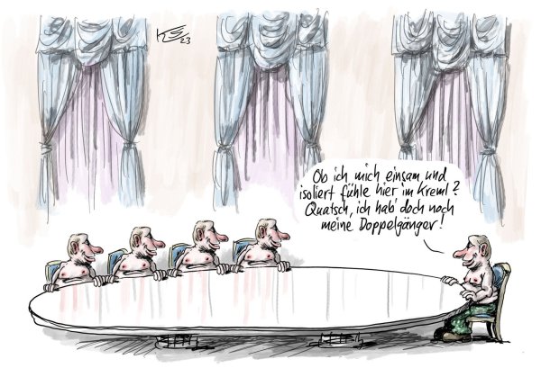 Viele Figuren entwickeln ein Eigenleben und beständige Merkmale. So ist der russische Präsident bei Stuttmann stets oberkörperfrei. - © Klaus Stuttmann