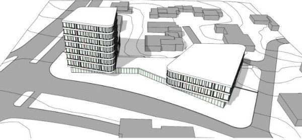 So sieht der erste Entwurf für das neue Forschungs- und Bürogebäude aus: Unten verläuft die Kurt-Schumacher-Straße, links die Voltmannstraße. - © Stadt Bielefeld