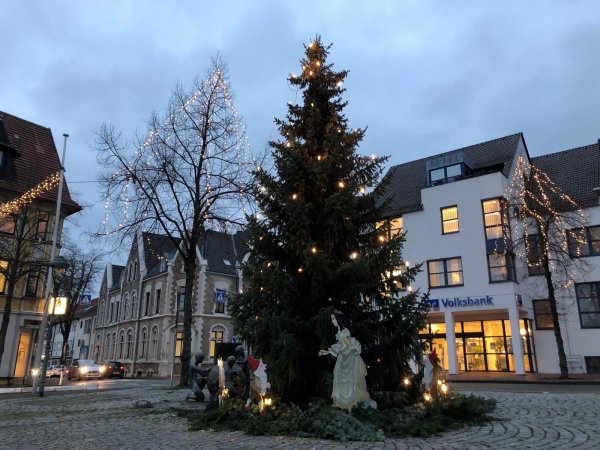 Ein Weihnachtsbaum steht auf dem Marktplatz in Schötmar. - © Sven Kienscherf