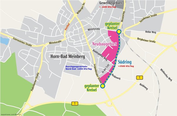 Der Südring würde nach Einschätzung des Büros SHP-Ingenieure rund 2500 Fahrzeuge am Tag aufnehmen. Die Nord-Süd-Achse durch Horn würde um 1450 Fahrzeuge täglich entlastet. Eine Aussage, ob und wie stark der Südring den Potthof entlasten würde, wagten die Ingenieure nicht zu sagen. Ob das Gewerbegebiet (ehemaliges Hornitex-Gelände) tatsächlich für 1600 Pkw-Fahrten am Tag gut ist und wohin und woher diese führen, war für sie ebenso schwer zu kalkulieren, da die künftige Nutzung des Gewerbegebietes derzeit noch völlig offen ist. - © Oliver Wendtland/Dieter Asbrock