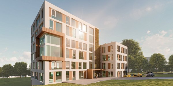 So sieht ein erster Entwurf des neuen Ärztehauses an der Parkstraße aus. Auf dem Dach soll eine Photovoltaikanlage montiert werden. - © Sander Immobiliengruppe