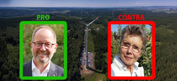 Brigitte Scheuer (Leiterin der Fachstelle Umweltschutz und Landschaftspflege beim Lippischen Heimatbund) und Landesverbandsvorsteher Jörg Düning-Gast nehmen Stellung: Sind Windkraftanlagen im Wald Fluch oder Segen? - © Fotos: Städtische Werke Kassel/Jost Wolf/Brigitte Scheuer. Montage: Oliver Wendtland.