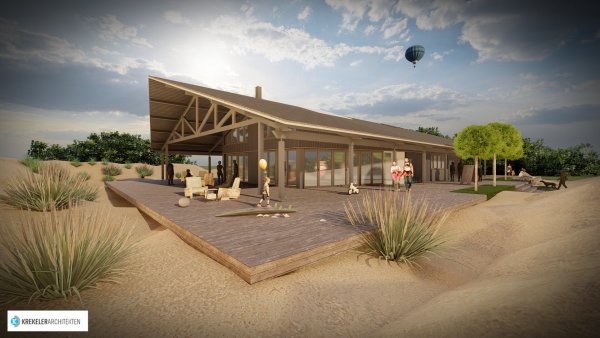 So soll das neue Selbstbedienungsrestaurant am Schiedersee aussehen. Die Bodenplatte ist bereits gegossen. - © Entwurf: Planungsbüro Krekeler