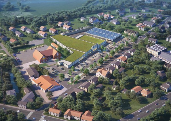 Das Fachmarktzentrum in der Kampstraße - noch mit den ursprünglich vorgesehenen Geschäften Edeka und Trinkgut. - © Grafik: Stadt Horn-Bad Meinberg / Halsdorfer + Ingenieure