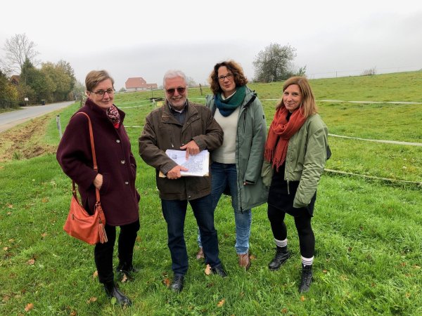 Hier soll die Muster-Öko-Siedlung entstehen: Die grünen Ratsmitglieder Katrin Klei (von links), Reinhard Hanisch, Melanie Reichert und Wiebke Kopsieker stehen auf einem Feld am Fritz-Niewald-Weg (links im Bild). - © Thomas Reineke