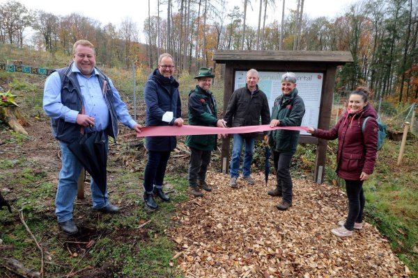Abbildung: Schnitten gemeinsam das Band zur Einweihung des Bürgerwaldes in Extertal-Bösingfeld durch (v.l.): Manfred Stoller (damaliger Vorsitzender des Umwelt-, Energie- und Betriebsausschuss der Gemeinde), Jörg Düning-Gast (Verbandsvorsteher), Thomas Fritzemeier (Revierförster), Frank Meier (Bürgermeister Extertal), Susanne Hoffmann (Stellv. Leitung Forstabteilung) und Julia Stein (Geschäftsführerin Marketing Extertal e.V.). - © Marketing Extertal