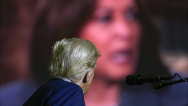 Erblickt Donald Trump hier schon die zukünftige US-Präsidentin Kamala Harris? Unser Autor hält einen knappen Erdrutschsieg für möglich. - © Julia Demaree Nikhinson/picture alliance/dpa/AP