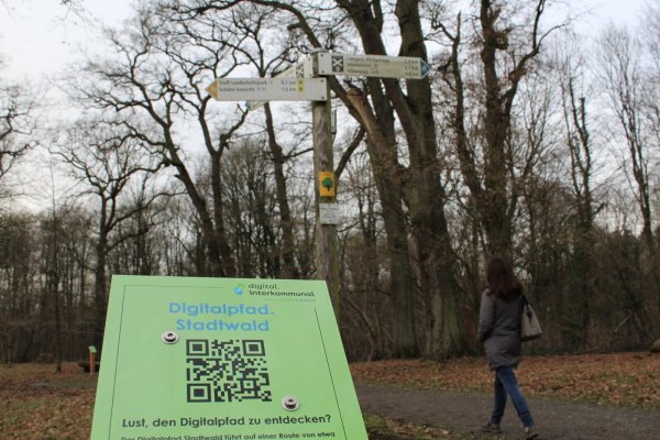 auf-den-spuren-der-qr-codes-die-erste-station-des-digitalpfads-befindet-sich-gleich-am-waldeingang-im-hintergrund-ist-schon-die-nachste-station-zu-sehen. Foto: Joline Heller - © Joline Heller