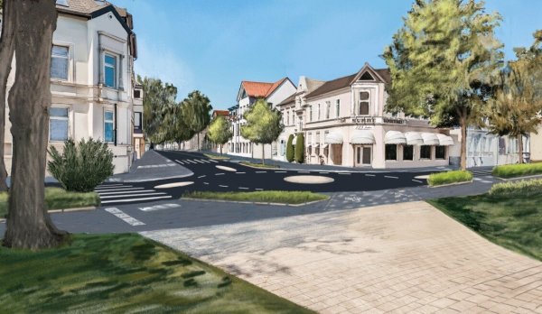 Der Kreisverkehr bei Burre an der Hermannstraße in 3D: Im Vordergrund ist der eigene Abbiegeast für Radfahrer auf den Kaiser-Wilhelm-Platz zu erkennen. - © Grafik: Stadt Detmold/Laureen Dawid