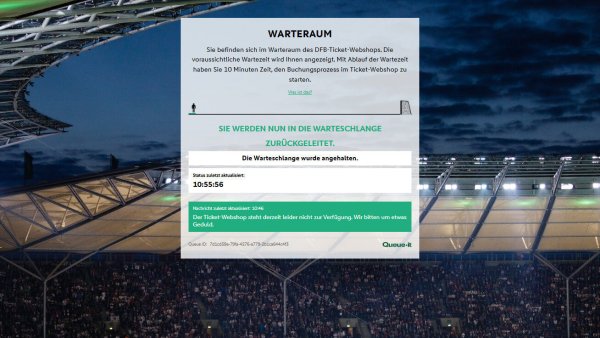 Lange Wartezeiten für die Fans von Arminia Bielefeld. Der Ansturm auf den DFB-Ticketshop ist so groß, dass der DFB immer wieder um Geduld bitten muss. - © Screenshot