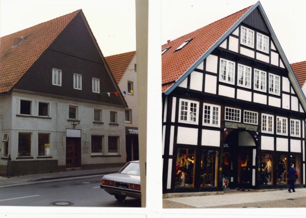 Das Haus Mittelstraße 68 vor der Renovierung im August 1989 und nach Freilegung des Fachwerks im November 1994. Sanierungserfolge wie diesen aus den 90er Jahren will das Hof- und Fassadenprogramm heute fördern. - © Alberts-Architekten