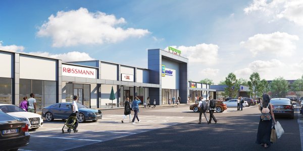 Eine alte Visualisierung des künftigen Fachmarktzentrums in der Kampstraße. Statt des im Bild zu sehenden Edeka soll nun ein Lidl einziehen und statt des Trinkgut-Getränkemarkts kommt ein Action-Markt. - © Grafik: Halsdorfer + Ingenieure