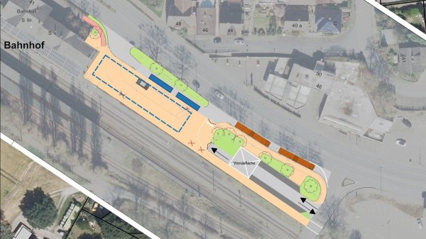 Die Variante 3.2neu sieht die Mobilstation am Bahnhof folgendermaßen vor: Die blauen und orangenen Quadrate stellen die Busse an ihren Haltpunkten dar. Das blaue Viereck rund um die Toilettenanlage ist die Freifläche für die verschiedenen Angebote der Mobilstation. Taxis und Kurzzeitparker parken auf den dunkelgrauen Flächen rechts im Bild - die genaue Anzahl und Verteilung wird später durch eine Beschilderung konkretisiert. Die Taxis dürfen die Fläche Richtung Westen über die beige Fläche verlassen, alle anderen Fahrzeuge müssen wenden und über die Straße Begakamp zurückfahren. - © Grafik: Stadt Bad Salzuflen