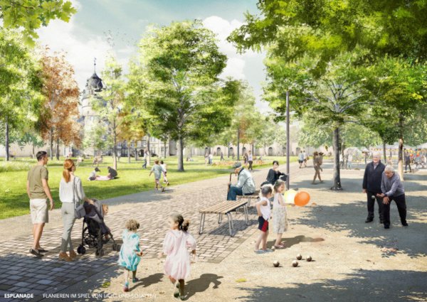 Flanieren im Spiel von Licht und Schatten: Die Visualisierung zeigt, wie der Schlossplatz im kommenden Jahr aussehen soll. - © Quelle: FRL