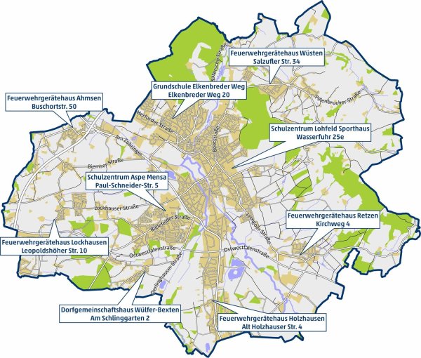 Diese Karte zeigt die Treffpunkte für die Bad Salzuflerinnen und Bad Salzufler im Krisenfall, die sogenannten "Leuchttürme". - © Stadt Bad Salzuflen