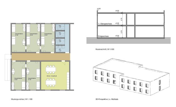 So soll die neue Unterkunft aussehen: ein schlichter zweigeschossiger Bau aus zwei leicht gegeneinander verschobenen Blöcken. - © Gemeinde Augustdorf
