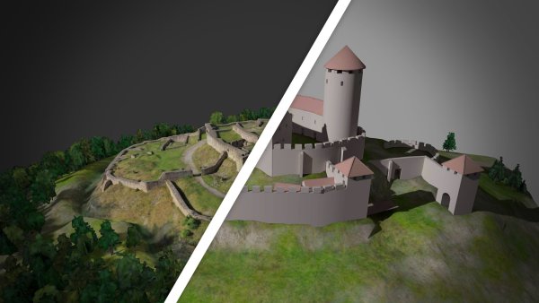 Ein Blick in die interaktive 360-Grad-Tour über die Falkenburg, die der LWL gemeinsam mit der Firma "Polyvista" aufgesetzt hat. In den Ansichten "Damals" und "Heute" ist der aktuelle Zustand der Burgruine sowie eine schematische Darstellung der Burg im 14./15. Jahrhundert gegenübergestellt. - © Polyvista