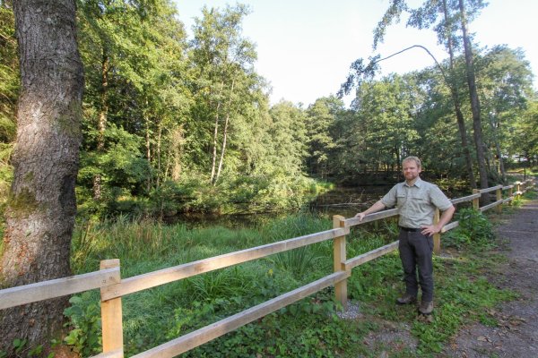Thomas Fritzemeier am Teich im Heimbachtal, die Forstabteilung hat noch einen neuen Holzzaun errichtet. - © Landesverband Lippe