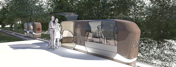 Das Design Team Monocab, Prof. Ulrich Nether, Prof. Hans Sachs, Carolina Meirelles und Maximilian Müh, haben diese Ansicht der Bahn entworfen. - © TH OWL 2021