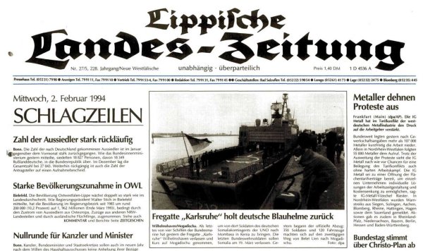 Die Titelseite der LZ vom 2. Februar 1994. Die Schlagzeilen bestimmt die geplante Rückholung der deutschen Soldaten aus Somalia. - © Lippische Landes-Zeitung