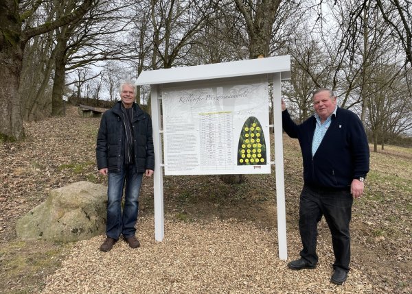 Rechtzeitig vor Aschermittwoch stellen Hans–Dieter Bähr (links) und Wilfried Gerkensmeier das neue Schild vor. - © Kalldorfer Vereinsgemeinschaft